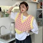 Check Sweater Vest Almond & Pink - One Size