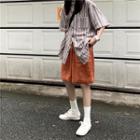 Color-block Striped Short-sleeve Blouse / Plain High-waist Shorts