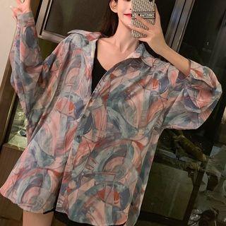 Long-sleeve Patterned Chiffon Shirt As Shown In Figure - One Size