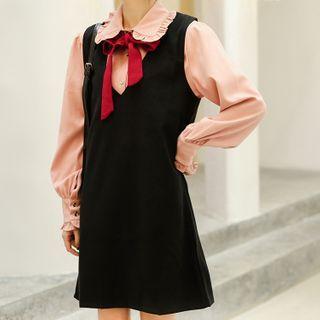 Long-sleeve Plain Tie Neck Plain Blouse / Sleeveless Plain Jumper Dress
