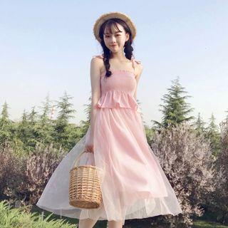 Set: Smocked Cami Top + Mesh Overlay Midi A-line Skirt Pink - One Size
