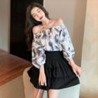 Set: Off-shoulder Print Blouse + Layered Mini A-line Skirt Top - White & Black & Skirt - Black - One Size