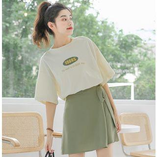Set: Elbow-sleeve T-shirt + Wrap A-line Skirt