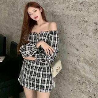 Plaid Off-shoulder Cropped Blouse / Mini A-line Skirt