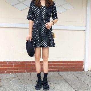 Elbow-sleeve Dotted A-line Mini Dress Black - One Size