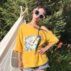 Printed Off Shoulder 3/4 Sleeve T-shirt