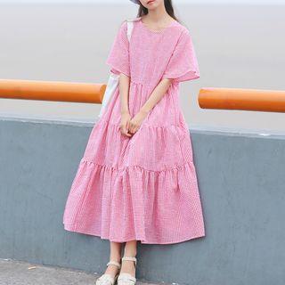 Plaid Elbow-sleeve A-line Midi Dress With Sash