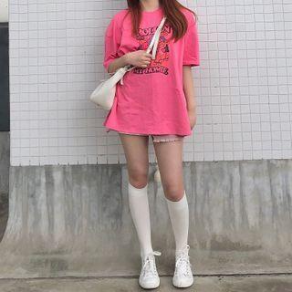 Elbow-sleeve Cartoon Print T-shirt Rose Pink - One Size