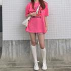 Elbow-sleeve Cartoon Print T-shirt Rose Pink - One Size