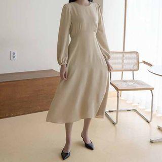 Balloon-sleeve Tie-waist Midi Flare Dress