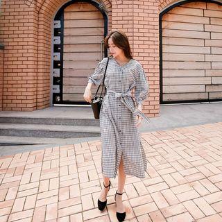 V-neck Long-sleeve Check Shirtdress