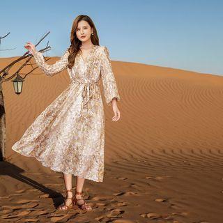 Long-sleeve Tie-dye Sashed Midi A-line Dress