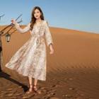 Long-sleeve Tie-dye Sashed Midi A-line Dress