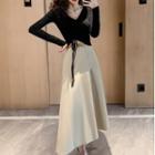 Set: Drawstring Long-sleeve T-shirt + Midi A-line Skirt