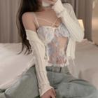 Floral Embroidered Lace-up Camisole Top / Light Cardigan
