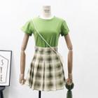 Set: Plain T-shirt + Pleated Plaid Mini Skirt