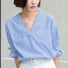 Pinstriped V-neck Elbow-sleeve Top