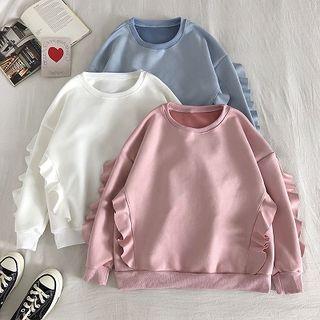 Plain Crewneck Check Ruffled-trim Long-sleeve Sweatshirt