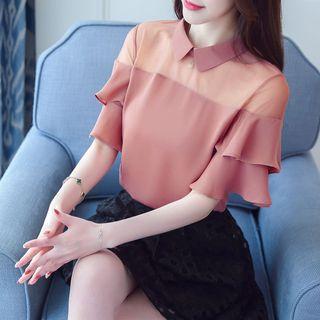 Short-sleeve Mesh Yoke Chiffon Blouse