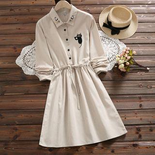 Long-sleeve Striped Cat Embroidered Shirt Dress