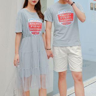 Couple Matching Mesh Panel Short-sleeve T-shirt Dress / Printed Short-sleeve T-shirt
