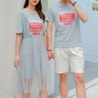 Couple Matching Mesh Panel Short-sleeve T-shirt Dress / Printed Short-sleeve T-shirt