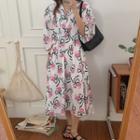 Elbow-sleeve Open-collar Floral Print Midi A-line Dress