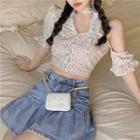 Short-sleeve Cold-shoulder Floral Asymmetrical Crop Top