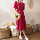 Elbow-sleeve Plaid A-line Midi Dress Red - One Size