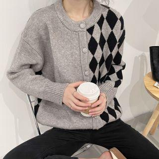 Argyle Color Panel Lattice Knit Cardigan