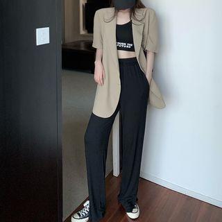 Elbow-sleeve Double-breasted Blazer / Lettering Cropped Tank Top / Wide Leg Pants