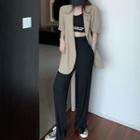 Elbow-sleeve Double-breasted Blazer / Lettering Cropped Tank Top / Wide Leg Pants