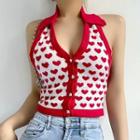 Halter-neck Heart Print Polo-neck Knit Top