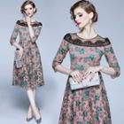 Paneled 3/4-sleeve Midi A-line Floral Lace Dress