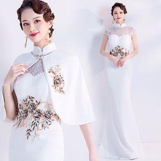 Set: Cap-sleeve Embroidered Mermaid Qipao Maxi Dress + Cape