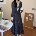 Long-sleeve Floral Midi A-line Dress Floral - Black - One Size