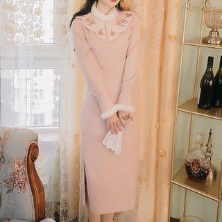 Long-sleeve Floral Embroidery Qipao Dress