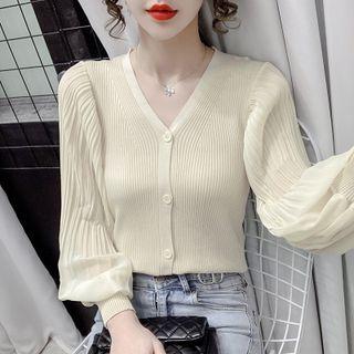 Bishop-sleeve V-neck Button-up Blouse