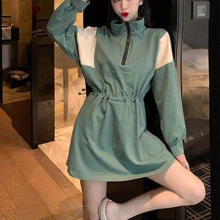 Two-tone Half-zip A-line Mini Dress