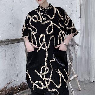 Elbow-sleeve String Print Polo Shirt