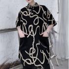Elbow-sleeve String Print Polo Shirt