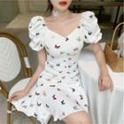 Puff-sleeve Butterfly Print Shirred Mini A-line Dress