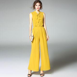 Set: Sleeveless Tie-neck Blouse + Pants