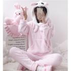 Loungewear Set: Animal Accent Hoodie + Pants Pink - One Size