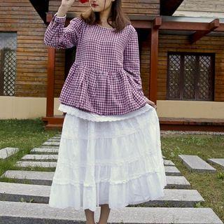 Plaid Ruffle Blouse Purple - One Size