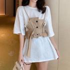 Set: Elbow-sleeve T-shirt + Asymmetric Spaghetti Strap Belted Top