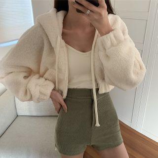 Fleece Cropped Zip-up Hooded Jacket White - One Size