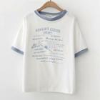 Short-sleeve Contrast Trim Letter T-shirt Blue - One Size
