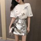 Elbow-sleeve Embroidered T-shirt / Sequined A-line Mini Skirt