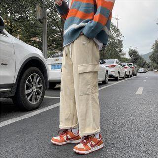 High-waist Drawstring Patch Corduroy Pants